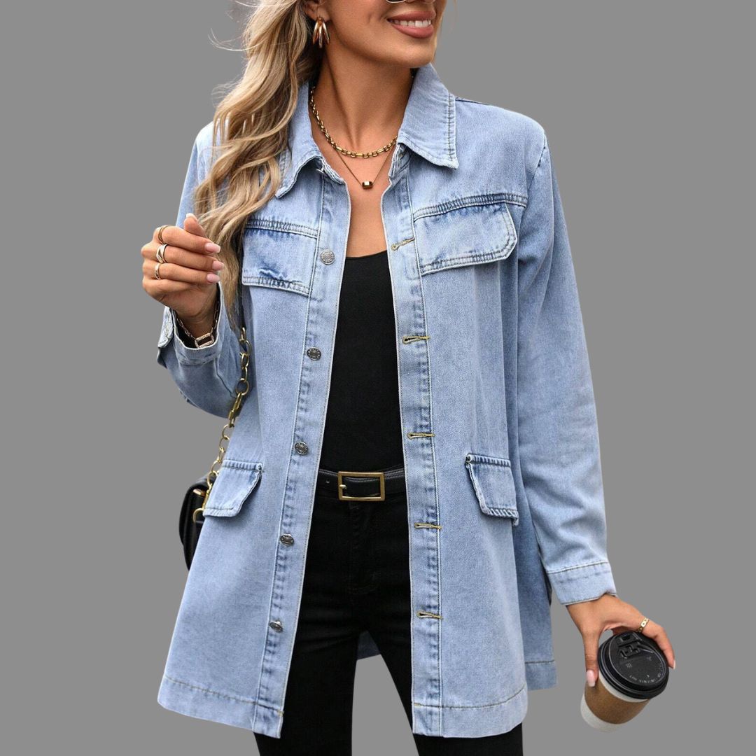 Lång Denimskjortjacka med Fickdetaljer