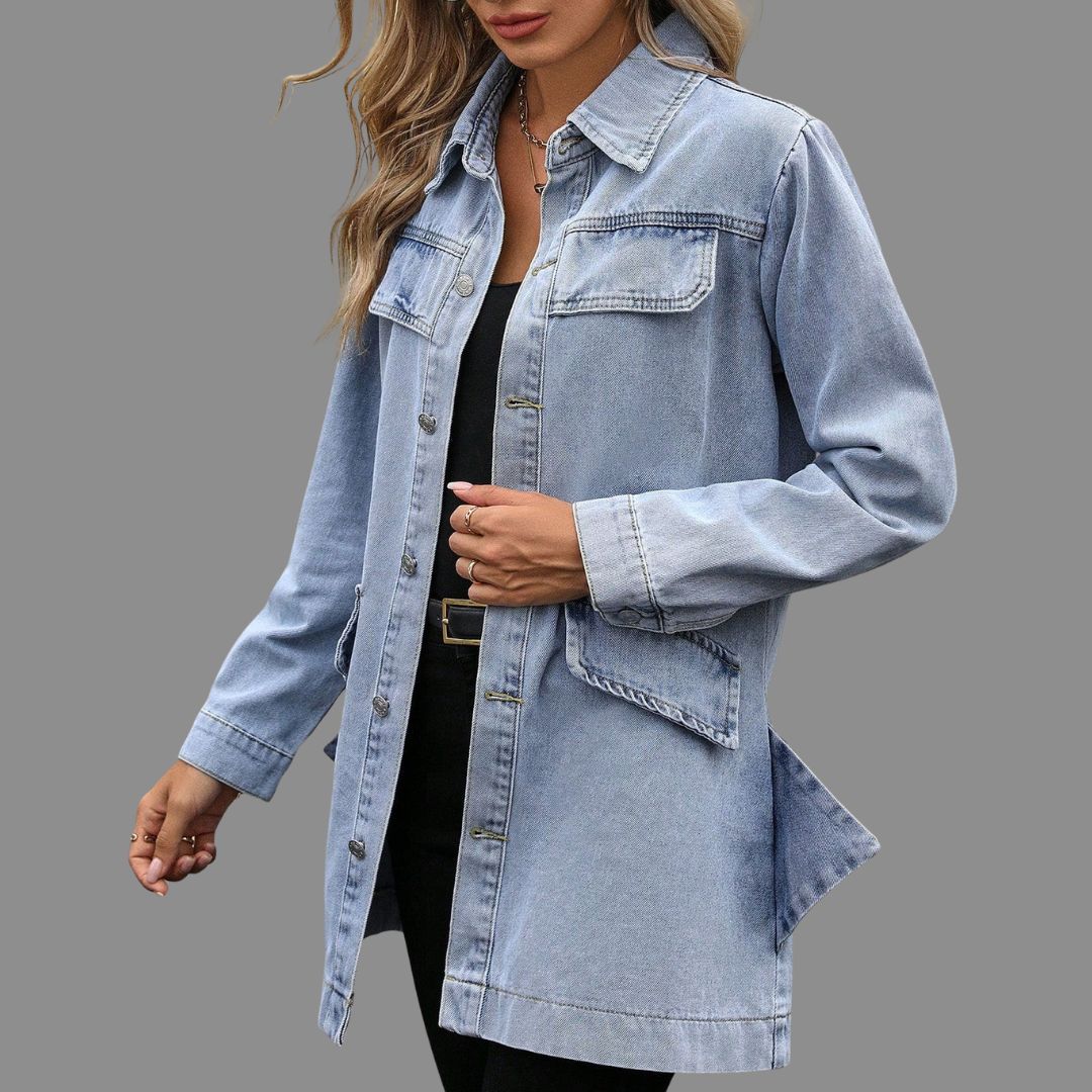 Lång Denimskjortjacka med Fickdetaljer