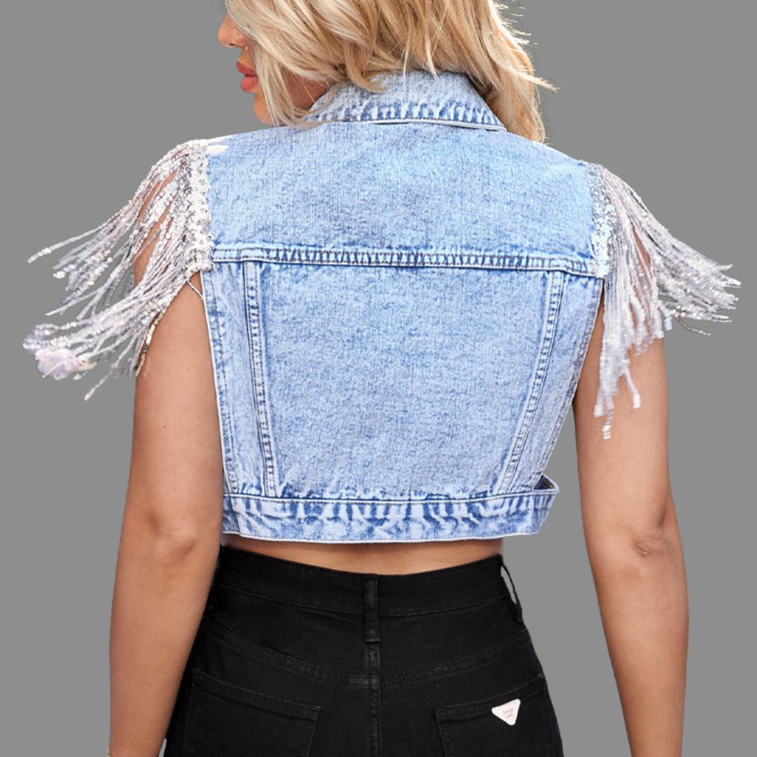 Croppad Denimväst med Glittrande Fransar