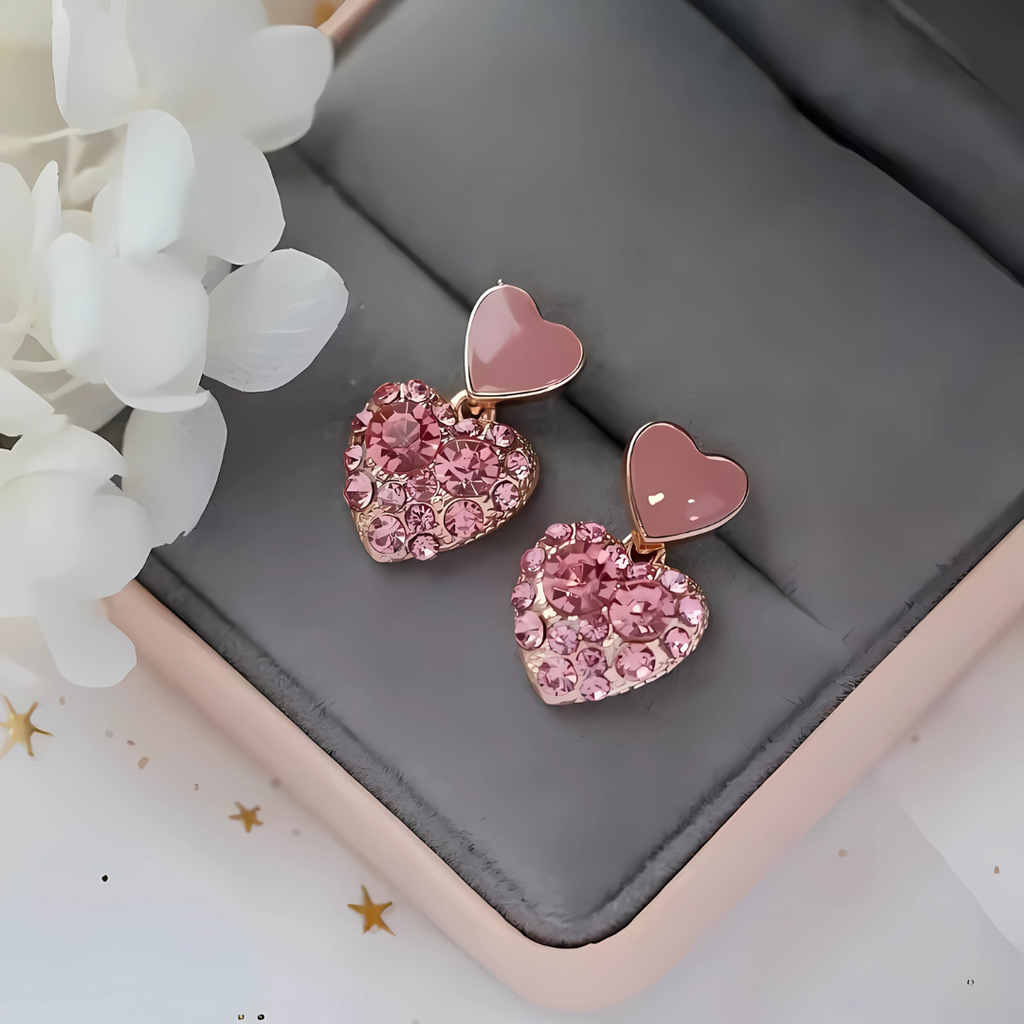 Rosa kristallhjärta örhängen